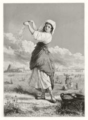 vintage illustration of a country lady executing the wind winnowing. Grayscale.