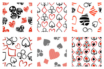 Set of seamless vector patterns with icons of playings cards. background with hand drawn symbols. Decorative repeat ornament. Series of Gaming and Gambling Seamless vector Patterns. - 176366895