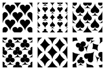 Vector set of seamless grunge patterns. Grungy graphic illustration of sign of playing card with ink blot, brush strokes. Endless background. Series of gaming and gambling seamless vector patterns.