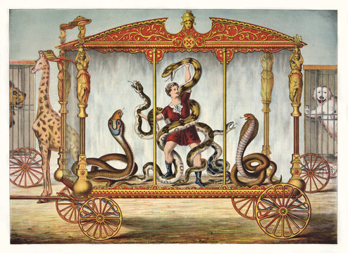 Vintage Illustration of a snake tamer inside a snake circus wagon 