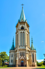Fototapeta na wymiar Beautiful historic church. Parish of the Blessed Trinity in Wilamowice in Poland.