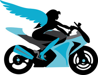 Fototapeta na wymiar Illustration of beautiful angel woman on motorcycle
