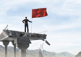 Man with flag presenting leadership concept.