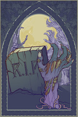 Halloween poster. Moonlit cemetery with a tombstone and rotting zombie hand rising from the ground. Intricate gothic style frame. Conceptual art. EPS10 vector illustration