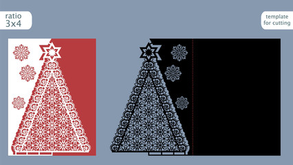 Laser cut  out christmas card template. Die cut paper card with pattern of christmas tree . Cutout paper gate fold card for laser cutting or die cutting template. Vector.