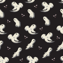 Night ghosts. Halloween. Seamless pattern with ghost cartoon on a black background. Background image for decorating textiles, ceramics, gift wrapping. Design for printing on fabric or paper.