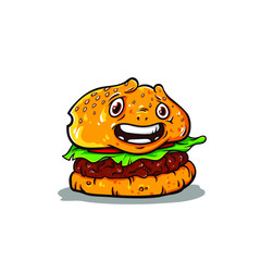Cute and funny character of burger, cartoon style, vector illustration isolated on white background