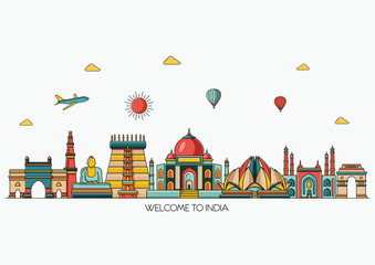 India detailed skyline. Travel and tourism background. Vector background. Line art style