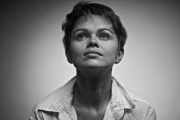 Fototapeta premium Studio portrait of a brunette with a short haircut