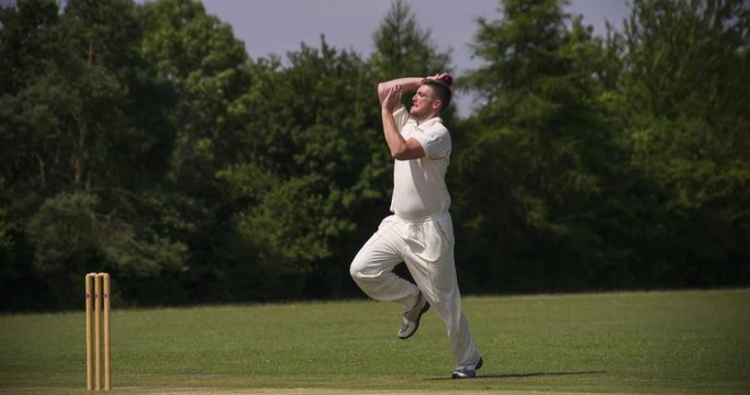 A Cricketing Fast Bowler bowls in slow motion and celebrates his success