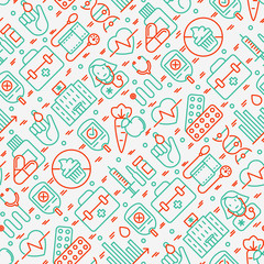 Diabetes seamless pattern with thin line icons of symptoms and prevention care. Vector illustration for background of medical survey or report, for banner, web page, print media.