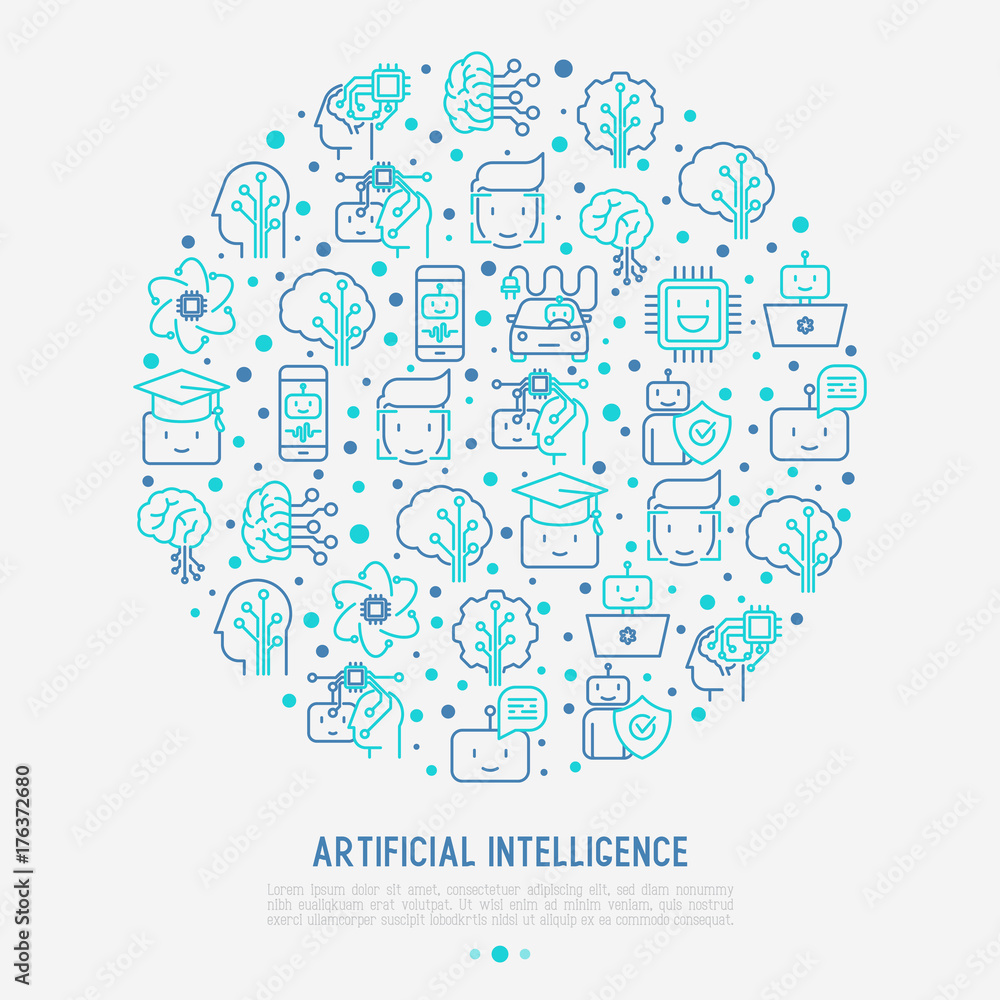 Aufkleber machine learning and artificial intelligence concept in circle with thin line icons. vector illustra
