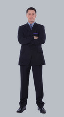 Full body portrait of happy smiling business man, isolated on white background