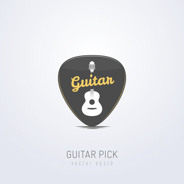 Black guitar pick with acoustic guitar icon and guitar text vector illustration