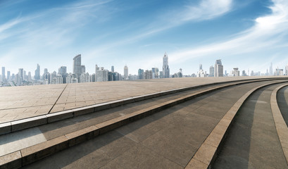 empty marble floor with cityscape of shanghai