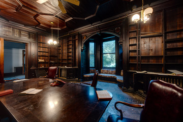 Dark Wood Paneled Library & Center Table - Abandoned Tioranda Mansion and Hospital - New York