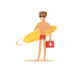 Male lifeguard in red shorts with surfboard and first aid kit, professional rescuer on the beach vector Illustration