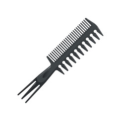 Cartoon trendy plastic double side black hair comb with special long teeth. Icon isolated on white background. Professional salon accessories vector illustration.