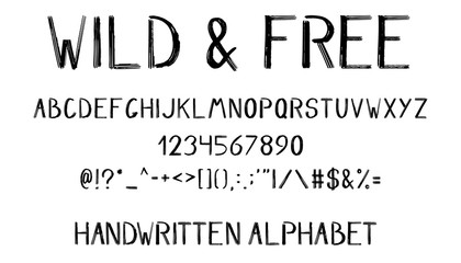 hand drawn brush alphabet, numbers, symbols and punctuation isolated on white background