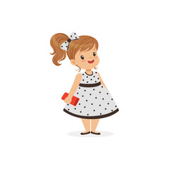 Beautiful little girl in polka dot dress, young lady dressed up in classic retro style vector Illustration