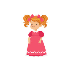 Beautiful redhead little girl posing in pink dress, young lady dressed up in classic retro style vector Illustration