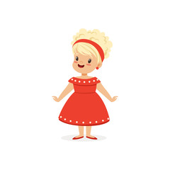 Elegant blonde little girl posing in red dress, young lady dressed up in classic retro style vector Illustration