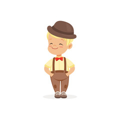 Cute little boy in bowler hat, young gentleman dressed up in classic retro style vector Illustration