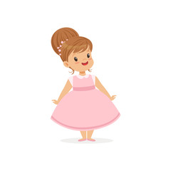 Beautiful little girl posing in pink dress, young lady dressed up in classic retro style vector Illustration