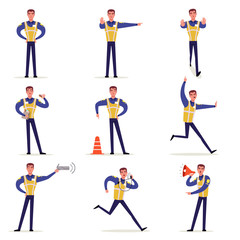 Traffic officer in uniform with high visibility vest set, policeman standing at crossroads and making sign with his hands vector Illustrations