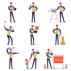 Fototapeta na wymiar Traffic officer in uniform with high visibility vest set, policeman in different situations vector Illustrations