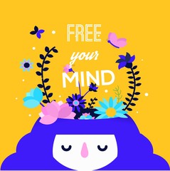 Young woman meditating for peace and free her mind. Healthy lifestyle and mindful meditation concept illustration vector.