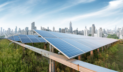 Urban background solar panels, Shanghai, China.