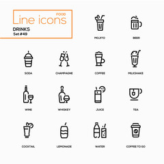 Food theme, alcohol and soft drinks - line design icons set.