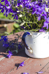 White enamel mug with blue wildflowers.