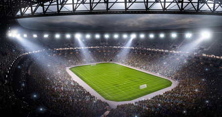 Professional soccer arena in 3D. Dramatic soccer stadium are full of fans. View from above. - obrazy, fototapety, plakaty