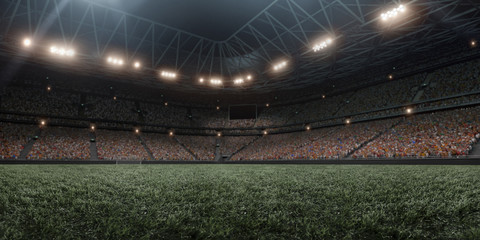 Professional soccer arena in 3D. Dramatic soccer stadium are full of fans. - obrazy, fototapety, plakaty