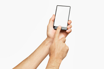 Mockup of male hand holding black cellphone isolated at white background.