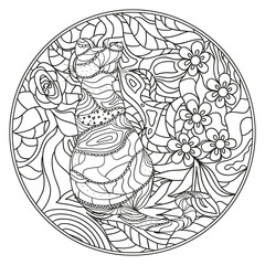 Cat. Zendala. Hand drawn mandala with abstract patterns on isolation background. Design for spiritual relaxation for adults.  Black and white illustration for coloring. Zen art. Decorative style