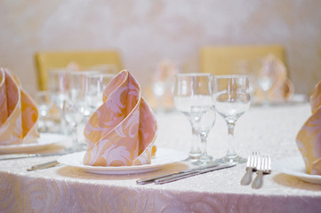 restaurant white hall with wedding table and pure glass