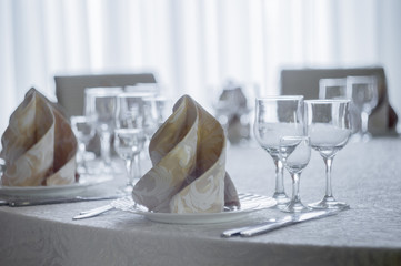 restaurant white hall with wedding table and pure glass