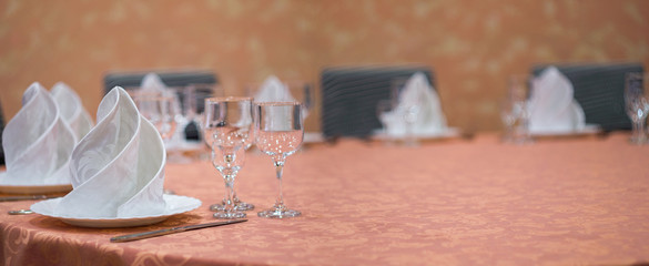 restaurant white hall with wedding table and pure glass