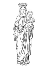 Christmas nativity scene of Virgin Mary holding baby Jesus, hand drawn sketch for Christmas holiday template. Saint Mary and holy baby religious holiday scene.Vector.