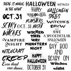 Obraz premium Quote Halloween typography set. Calligraphy horror style collection. Holiday lettering. Scary phrase overlay set. Poster photo flyer graphic design element. Hand made signs for spooky party. Vector.