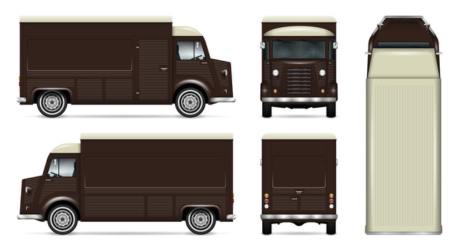 Retro food truck vector mock up for car branding, advertising, corporate identity. Mobile kitchen van template. All layers and groups well organized for easy editing. View from side, front, back, top.