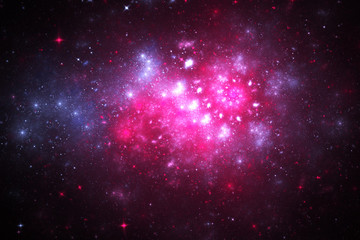 Bright galaxy. Abstract blue and pink sparkles on black background. Fantasy fractal texture. Digital art. 3D rendering.