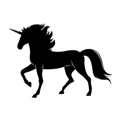 Fototapeta na wymiar Silhouette of magic cute unicorn. Stylish icon, template, background, tattoo. Print for t-shirt. Hand drawn vector illustration, outline black on white, isolated. 
