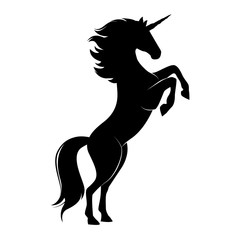 Silhouette of magic cute unicorn. Stylish icon, template, background, tattoo. Print for t-shirt. Hand drawn vector illustration, outline black on white, isolated.    - 176379845