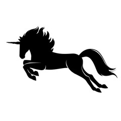 Silhouette of magic cute unicorn. Stylish icon, template, background, tattoo. Print for t-shirt. Hand drawn vector illustration, outline black on white, isolated.   