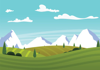 Cartoon farm landscape with green fields