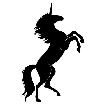 Silhouette of magic cute unicorn. Stylish icon, template, background, tattoo. Print for t-shirt. Hand drawn vector illustration, outline black on white, isolated.   